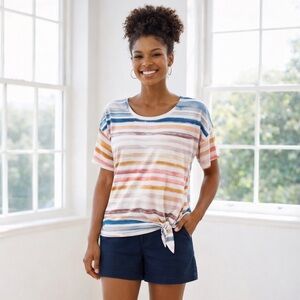 C Est. 1946 Striped Watercolor Tie‑Front Tee — Size M